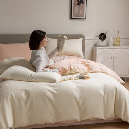 澳梵家居 2024新款60支全棉纯色双拼金标款四件套-素写繁华系列 奶昔白-白桃粉