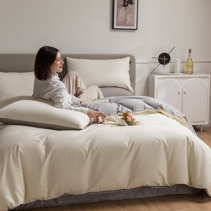 澳梵家居 2024新款60支全棉纯色双拼金标款四件套-素写繁华系列 奶昔白-椰子灰