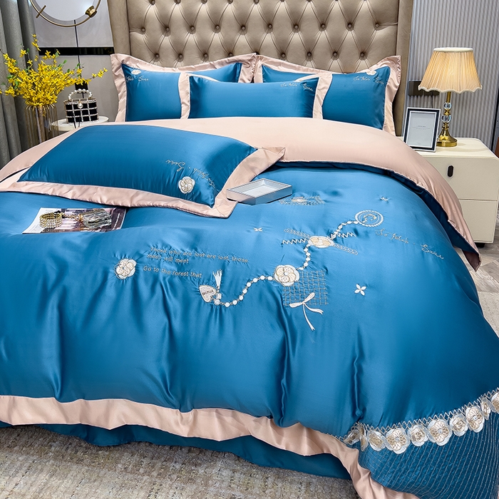 91家纺网 家纺一手货源 找家纺 欧冠家纺 2024新款绣花水洗真丝四件套莱娅四件套 莱娅-宾利蓝