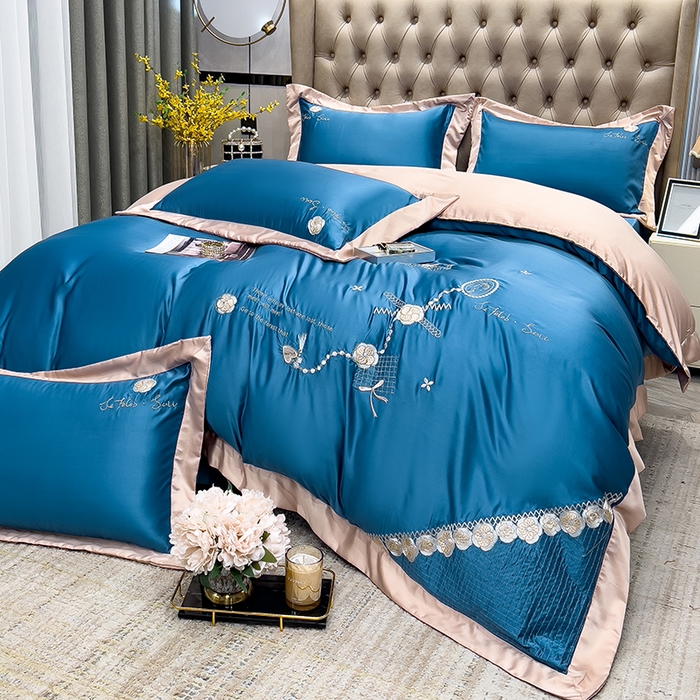 91家纺网 家纺一手货源 找家纺 欧冠家纺 2024新款绣花水洗真丝四件套莱娅四件套 莱娅-宾利蓝