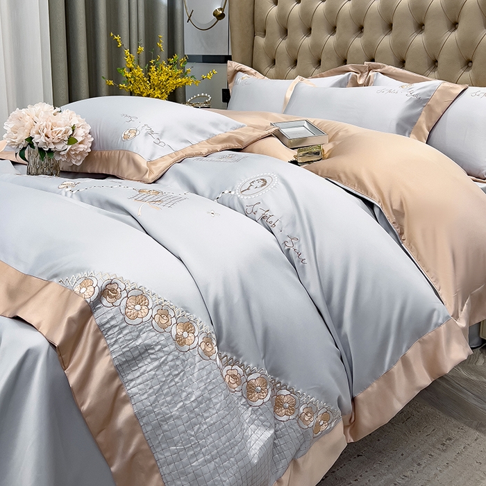 91家纺网 家纺一手货源 找家纺 欧冠家纺 2024新款绣花水洗真丝四件套莱娅四件套 莱娅-山灰