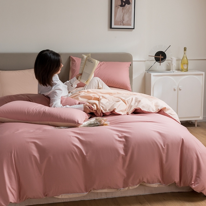 91家纺网 家纺一手货源 找家纺 澳梵家居 2024新款60支全棉纯色双拼金标款四件套-素写繁华系列 蜜豆粉-白桃粉