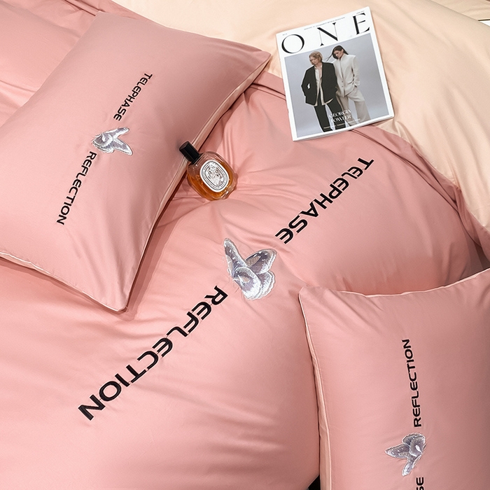 91家纺网 家纺一手货源 找家纺 澳梵家居 2024新款60支全棉刺绣四件套-梦蝶系列 梦蝶-香叶粉