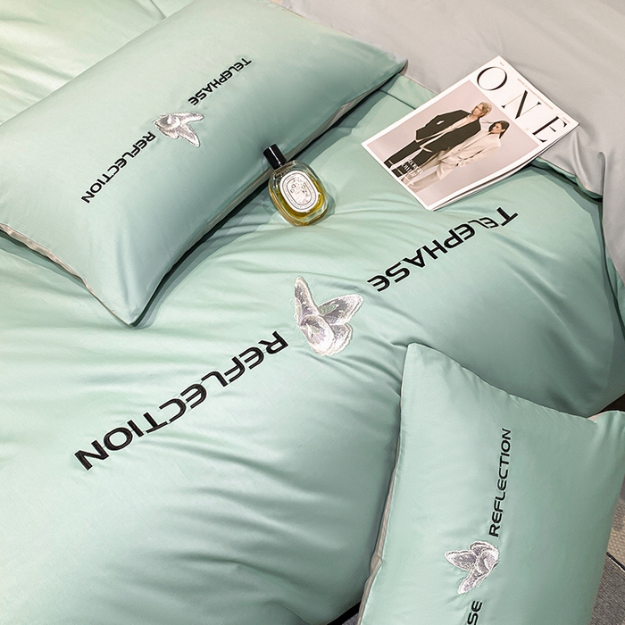 91家纺网 家纺一手货源 找家纺 澳梵家居 2024新款60支全棉刺绣四件套-梦蝶系列 梦蝶-豆绿