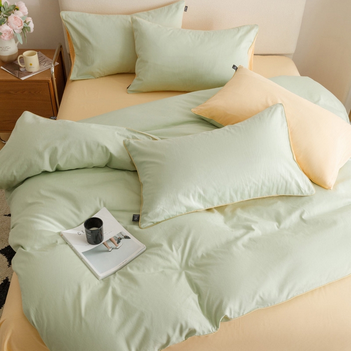 91家纺网 家纺一手货源 找家纺 涵宸家纺 2024新款40支全棉希腊麻绳款四件套 希腊（月光绿+浅黄）