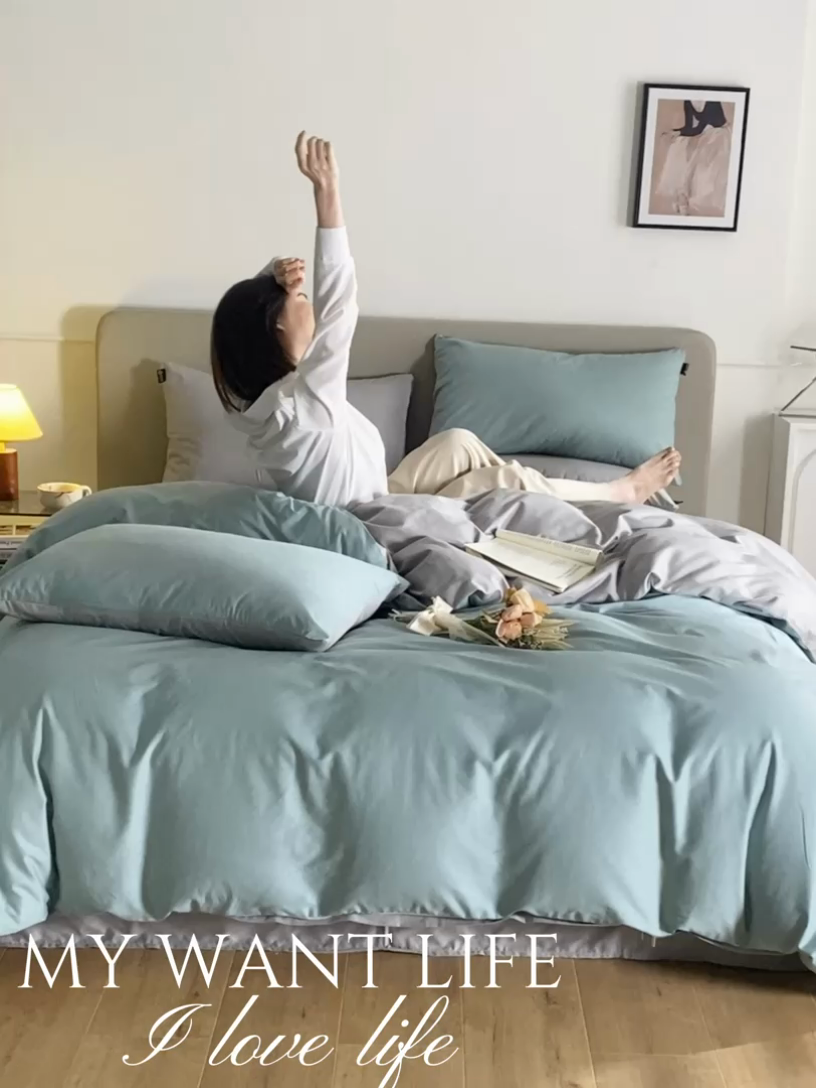 91家纺网 家纺一手货源 找家纺 澳梵家居 2024新款60支全棉纯色双拼金标款四件套-素写繁华系列 烟波绿-椰子灰