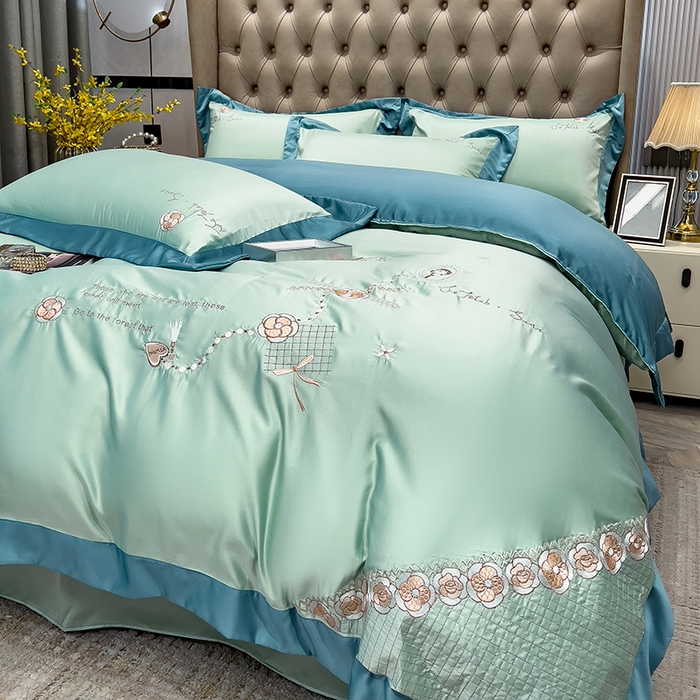 91家纺网 家纺一手货源 找家纺 欧冠家纺 2024新款绣花水洗真丝四件套莱娅四件套 莱娅-薄荷绿