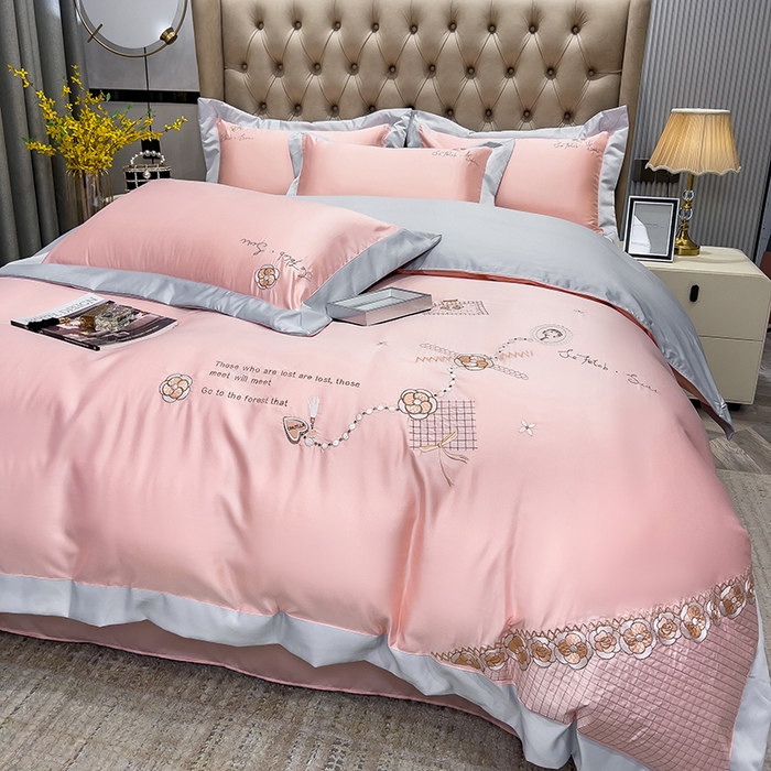 91家纺网 家纺一手货源 找家纺 欧冠家纺 2024新款绣花水洗真丝四件套莱娅四件套 莱娅-粉色