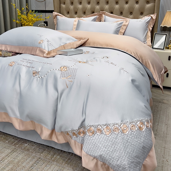 91家纺网 家纺一手货源 找家纺 欧冠家纺 2024新款绣花水洗真丝四件套莱娅四件套 莱娅-山灰