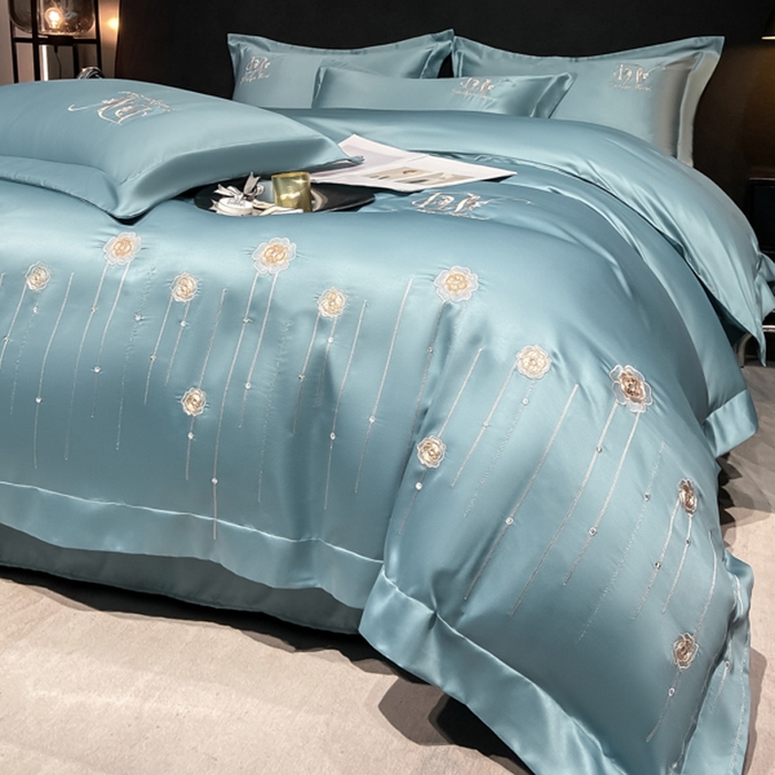 91家纺网 家纺一手货源 找家纺 欧冠家纺 2024新款水洗真丝绣花爱媛四件套 爱媛-星月蓝