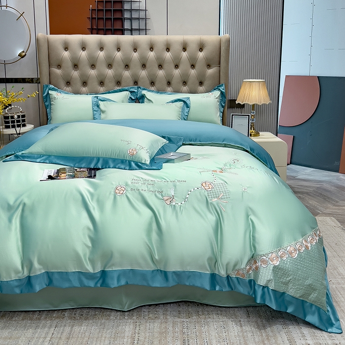 91家纺网 家纺一手货源 找家纺 欧冠家纺 2024新款绣花水洗真丝四件套莱娅四件套 莱娅-薄荷绿