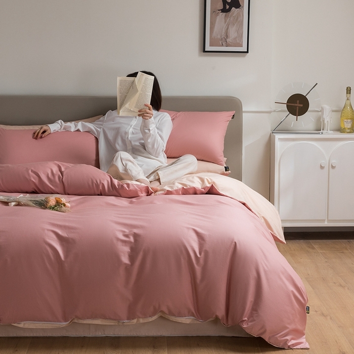 91家纺网 家纺一手货源 找家纺 澳梵家居 2024新款60支全棉纯色双拼金标款四件套-素写繁华系列 蜜豆粉-白桃粉