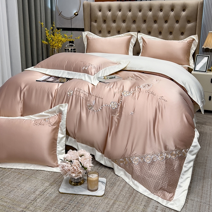 91家纺网 家纺一手货源 找家纺 欧冠家纺 2024新款绣花水洗真丝四件套莱娅四件套 莱娅-香槟金