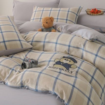 91家纺网 家纺一手货源 找家纺 潮邦创意家居 2025新款春夏亲肤水洗棉刺绣四件套-贝恩熊 贝恩熊-英伦蓝