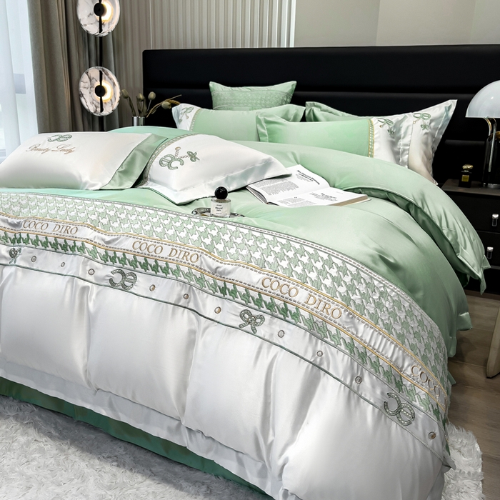 91家纺网 家纺一手货源 找家纺 欧冠家纺 2024新款绣花水洗真丝伊丽莎白四件套 伊丽莎白-抹茶绿