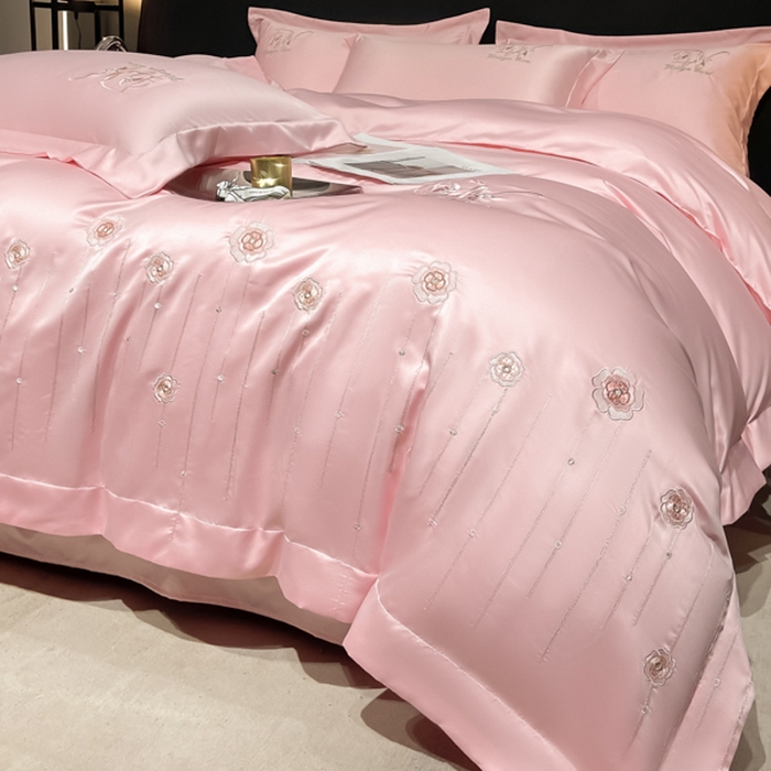 91家纺网 家纺一手货源 找家纺 欧冠家纺 2024新款水洗真丝绣花爱媛四件套 爱媛-樱花粉