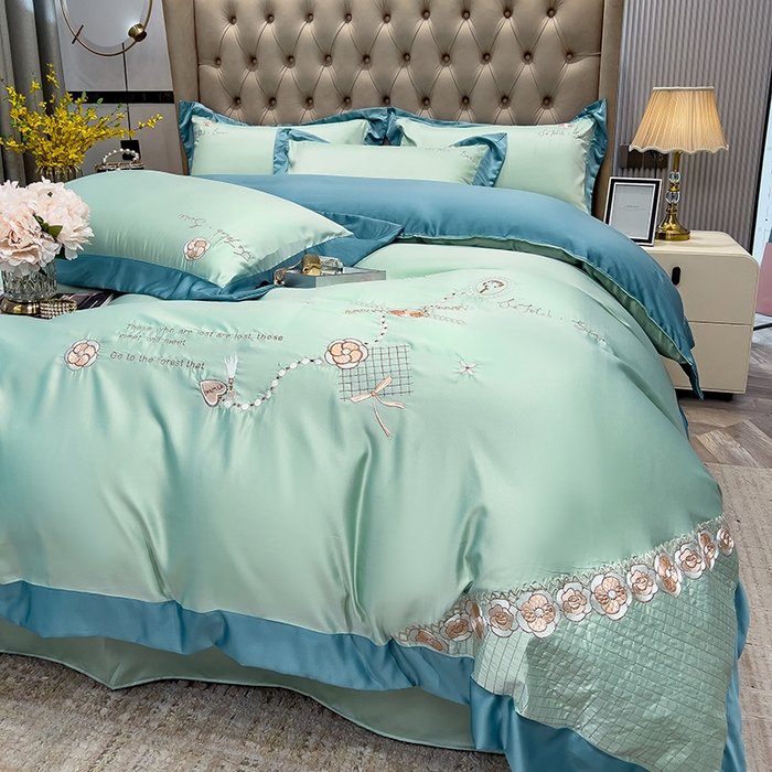 91家纺网 家纺一手货源 找家纺 欧冠家纺 2024新款绣花水洗真丝四件套莱娅四件套 莱娅-薄荷绿