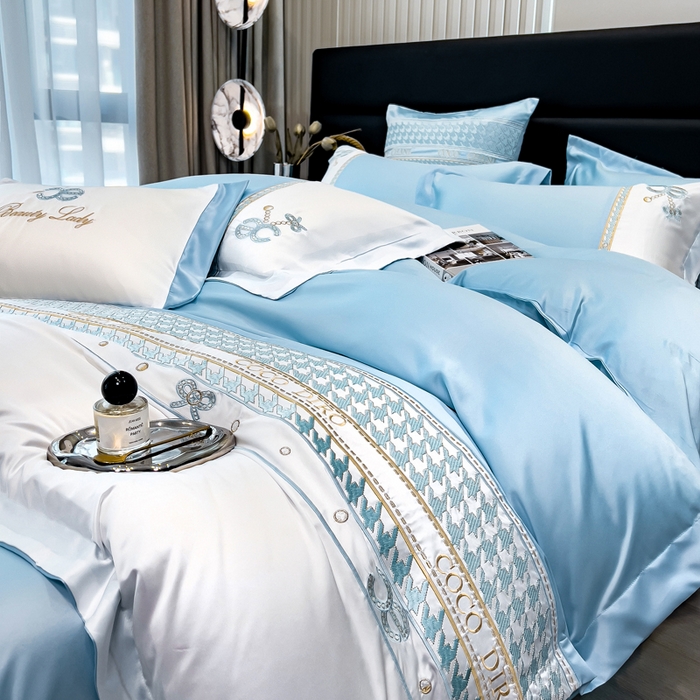 91家纺网 家纺一手货源 找家纺 欧冠家纺 2024新款绣花水洗真丝伊丽莎白四件套 伊丽莎白-梵星蓝