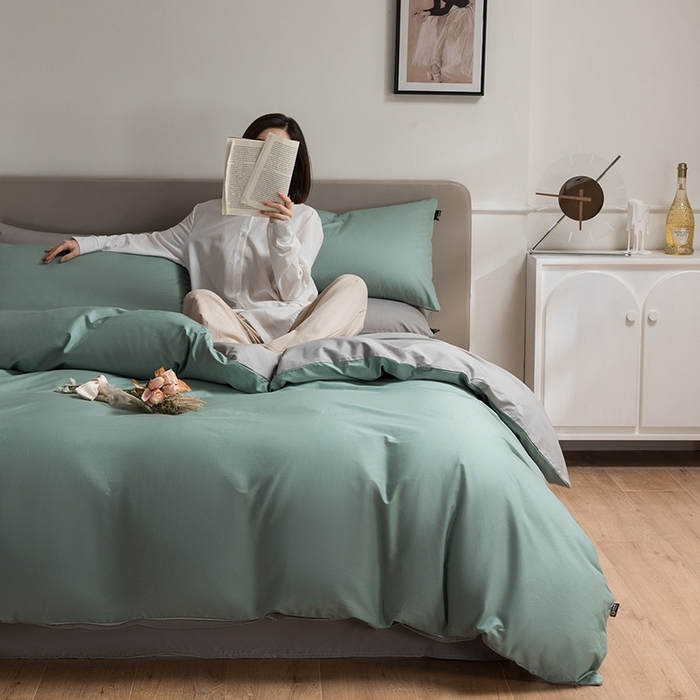 91家纺网 家纺一手货源 找家纺 澳梵家居 2024新款60支全棉纯色双拼金标款四件套-素写繁华系列 烟波绿-椰子灰