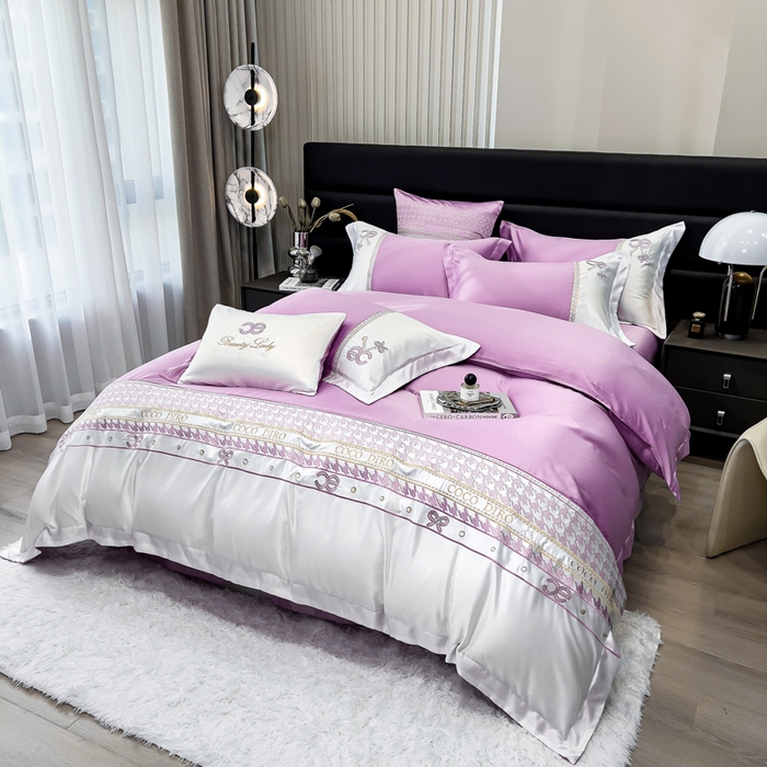 91家纺网 家纺一手货源 找家纺 欧冠家纺 2024新款绣花水洗真丝伊丽莎白四件套 伊丽莎白-素雅紫