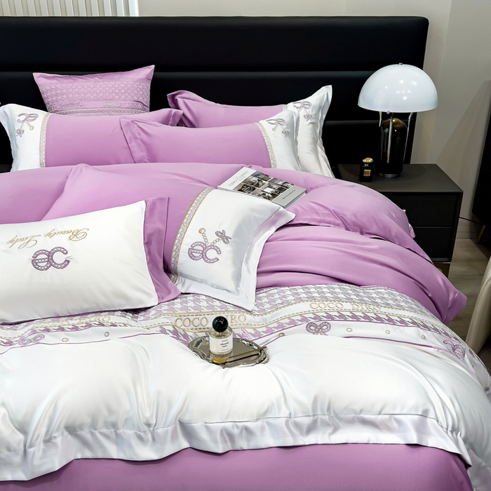 91家纺网 家纺一手货源 找家纺 欧冠家纺 2024新款绣花水洗真丝伊丽莎白四件套 伊丽莎白-素雅紫