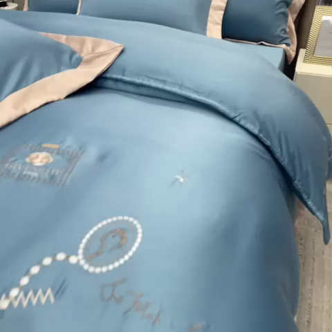 91家纺网 家纺一手货源 找家纺 欧冠家纺 2024新款绣花水洗真丝四件套莱娅四件套 莱娅-孔雀蓝