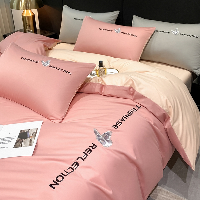 91家纺网 家纺一手货源 找家纺 澳梵家居 2024新款60支全棉刺绣四件套-梦蝶系列 梦蝶-香叶粉