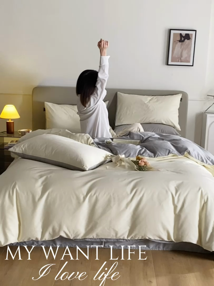 91家纺网 家纺一手货源 找家纺 澳梵家居 2024新款60支全棉纯色双拼金标款四件套-素写繁华系列 奶昔白-椰子灰