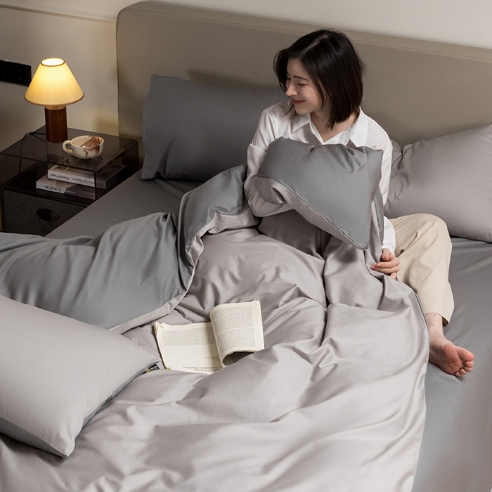 91家纺网 家纺一手货源 找家纺 澳梵家居 2024新款60支全棉纯色双拼金标款四件套-素写繁华系列 椰子灰-月岩灰