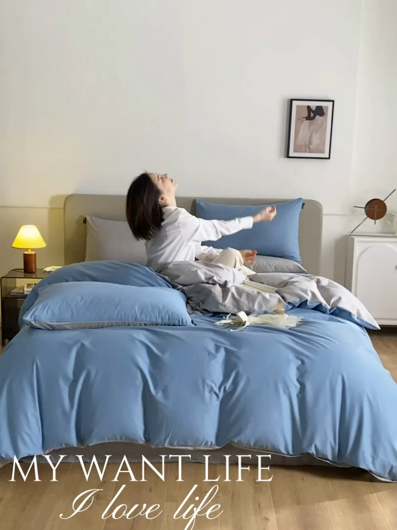 91家纺网 家纺一手货源 找家纺 澳梵家居 2024新款60支全棉纯色双拼金标款四件套-素写繁华系列 绅士蓝-椰子灰