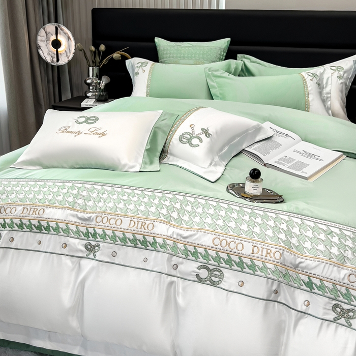 91家纺网 家纺一手货源 找家纺 欧冠家纺 2024新款绣花水洗真丝伊丽莎白四件套 伊丽莎白-抹茶绿