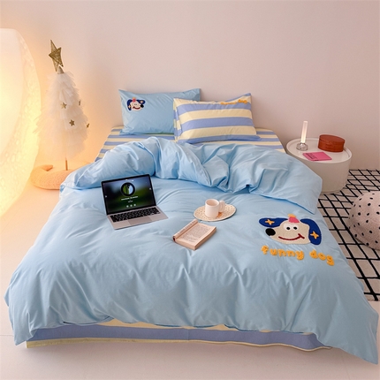 珺柔家纺 2024新款13372全棉印加绣毛巾绣四件套系列 皮皮狗-蓝