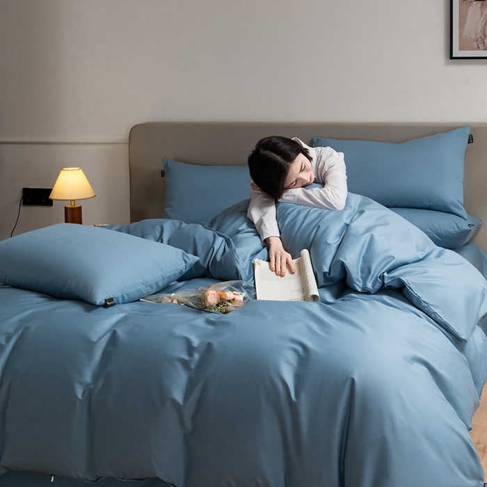 91家纺网 家纺一手货源 找家纺 澳梵家居 2024新款60支全棉纯色双拼金标款四件套-素写繁华系列 绅士蓝