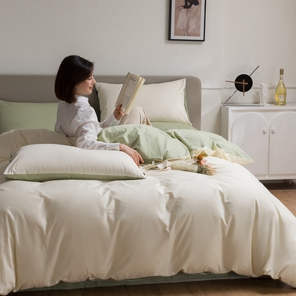 澳梵家居 2024新款60支全棉纯色双拼金标款四件套-素写繁华系列 奶昔白-清风绿