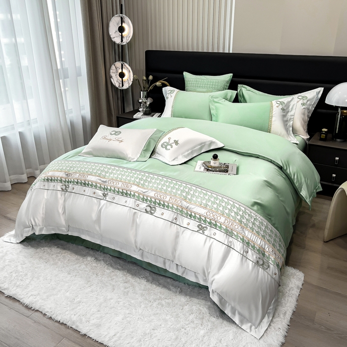 91家纺网 家纺一手货源 找家纺 欧冠家纺 2024新款绣花水洗真丝伊丽莎白四件套 伊丽莎白-抹茶绿