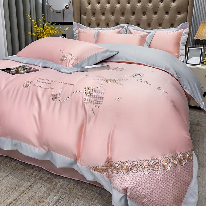 91家纺网 家纺一手货源 找家纺 欧冠家纺 2024新款绣花水洗真丝四件套莱娅四件套 莱娅-粉色