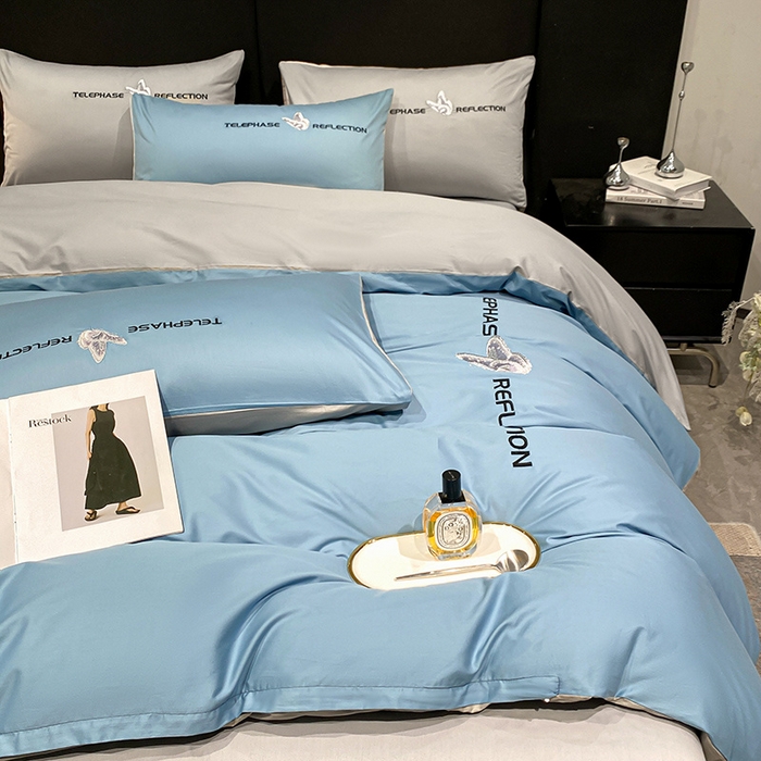 91家纺网 家纺一手货源 找家纺 澳梵家居 2024新款60支全棉刺绣四件套-梦蝶系列 梦蝶-宾利蓝