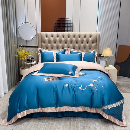 欧冠家纺 2024新款绣花水洗真丝四件套莱娅四件套 莱娅-宾利蓝