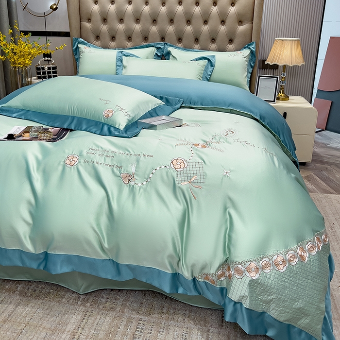 91家纺网 家纺一手货源 找家纺 欧冠家纺 2024新款绣花水洗真丝四件套莱娅四件套 莱娅-薄荷绿