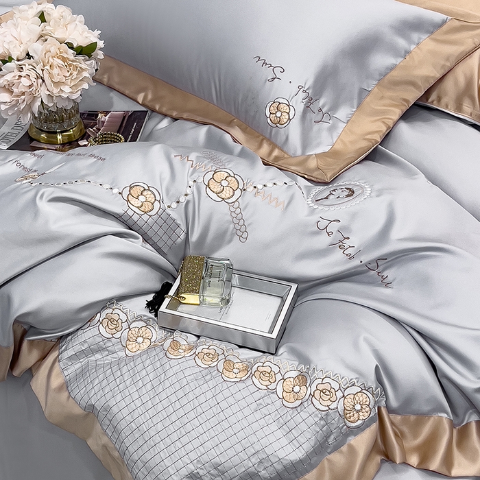 91家纺网 家纺一手货源 找家纺 欧冠家纺 2024新款绣花水洗真丝四件套莱娅四件套 莱娅-山灰