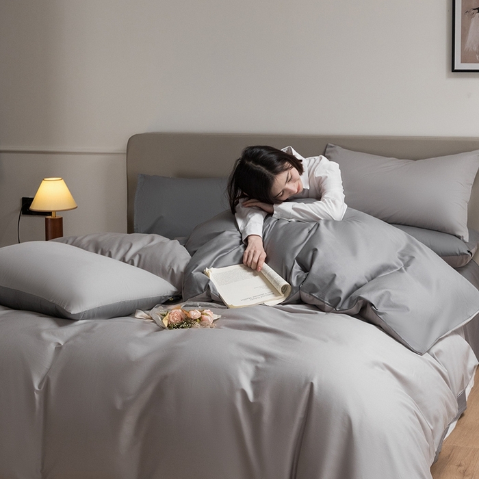 91家纺网 家纺一手货源 找家纺 澳梵家居 2024新款60支全棉纯色双拼金标款四件套-素写繁华系列 椰子灰-月岩灰