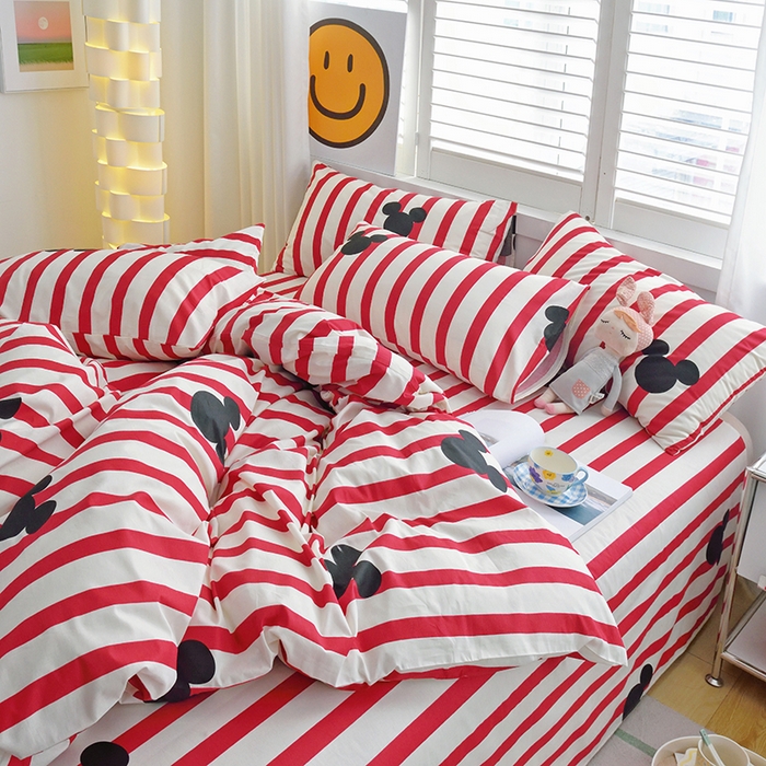 91家纺网 家纺一手货源 找家纺 启优家纺 2024新款全棉13070四件套 条纹米奇