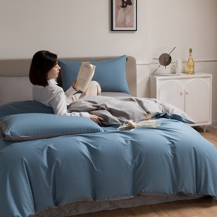 澳梵家居 2024新款60支全棉纯色双拼金标款四件套-素写繁华系列 绅士蓝-椰子灰
