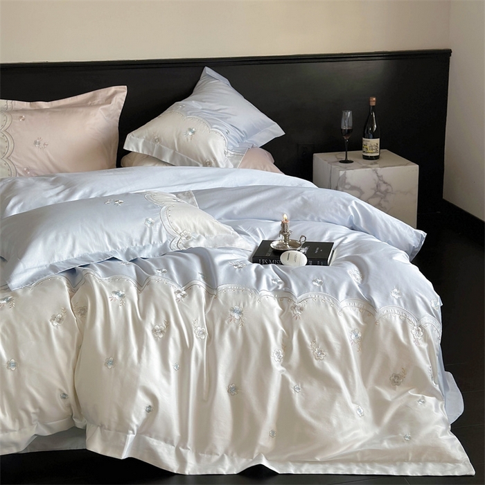 91家纺网 家纺一手货源 找家纺 鹿班家居 2024新款100S长绒棉刺绣系列四件套-焦糖落霞 场景二 琉璃蓝 标准会员-20