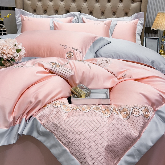 91家纺网 家纺一手货源 找家纺 欧冠家纺 2024新款绣花水洗真丝四件套莱娅四件套 莱娅-粉色