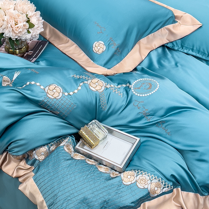 91家纺网 家纺一手货源 找家纺 欧冠家纺 2024新款绣花水洗真丝四件套莱娅四件套 莱娅-孔雀蓝