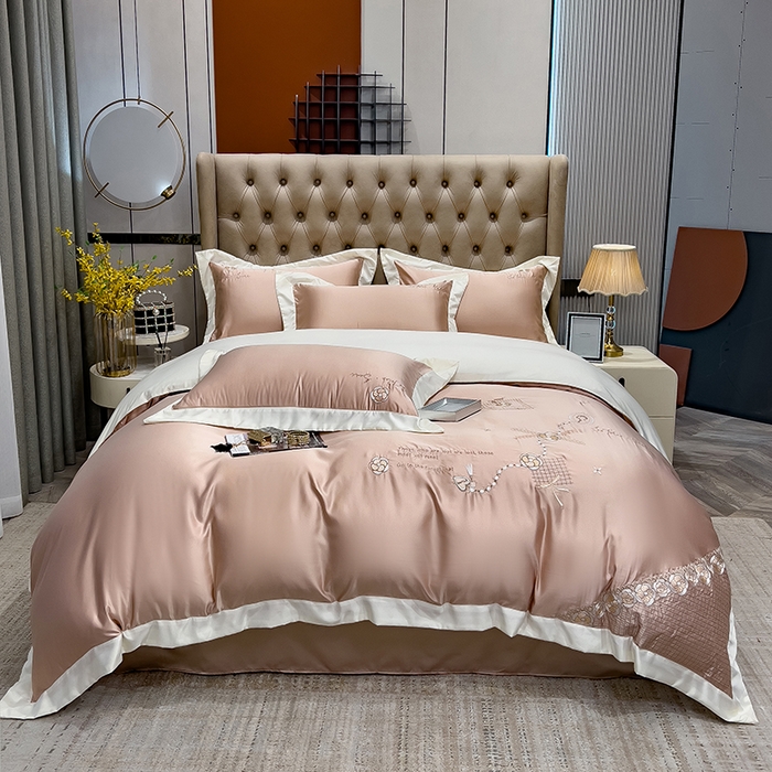 91家纺网 家纺一手货源 找家纺 欧冠家纺 2024新款绣花水洗真丝四件套莱娅四件套 莱娅-香槟金