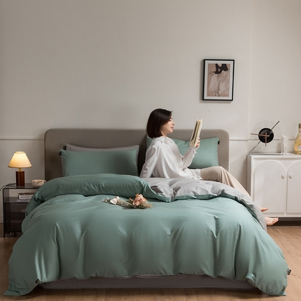 91家纺网 家纺一手货源 找家纺 澳梵家居 2024新款60支全棉纯色双拼金标款四件套-素写繁华系列 烟波绿-椰子灰