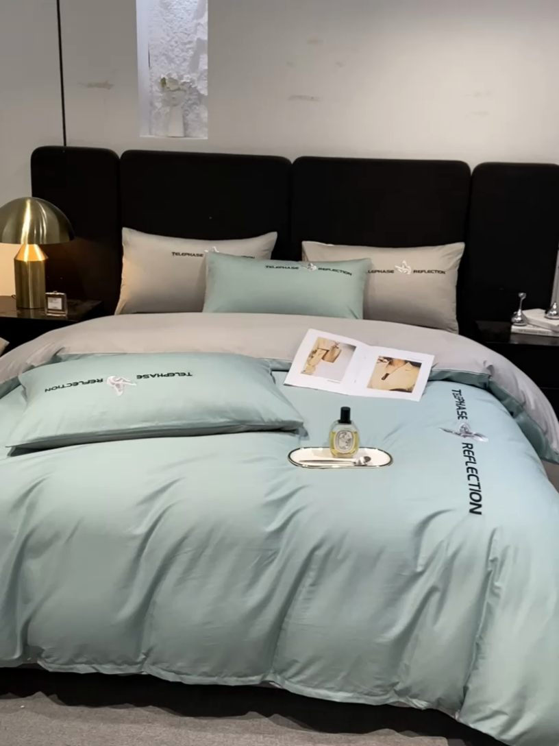 91家纺网 家纺一手货源 找家纺 澳梵家居 2024新款60支全棉刺绣四件套-梦蝶系列 梦蝶-豆绿