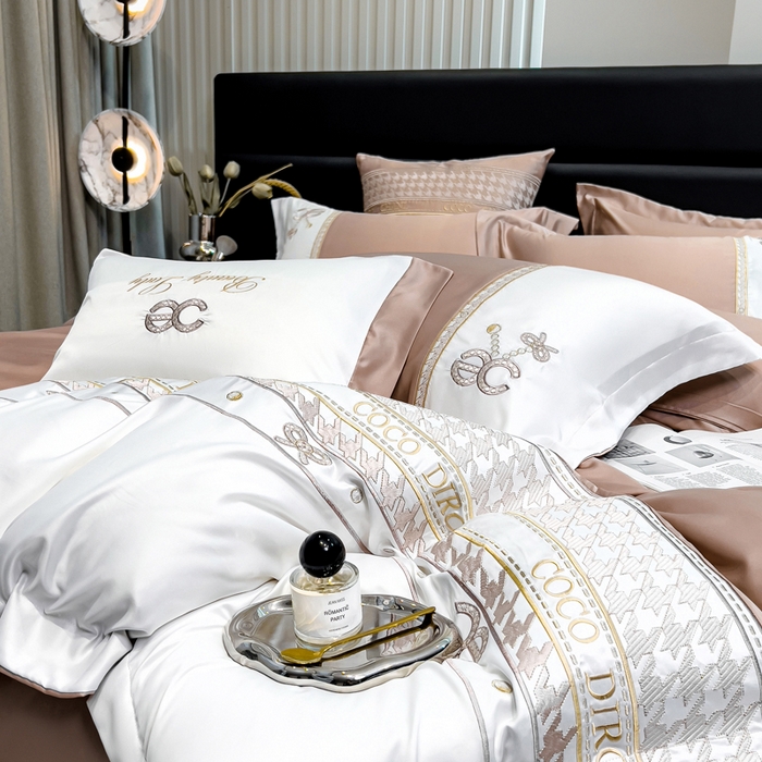 91家纺网 家纺一手货源 找家纺 欧冠家纺 2024新款绣花水洗真丝伊丽莎白四件套 伊丽莎白-香槟色